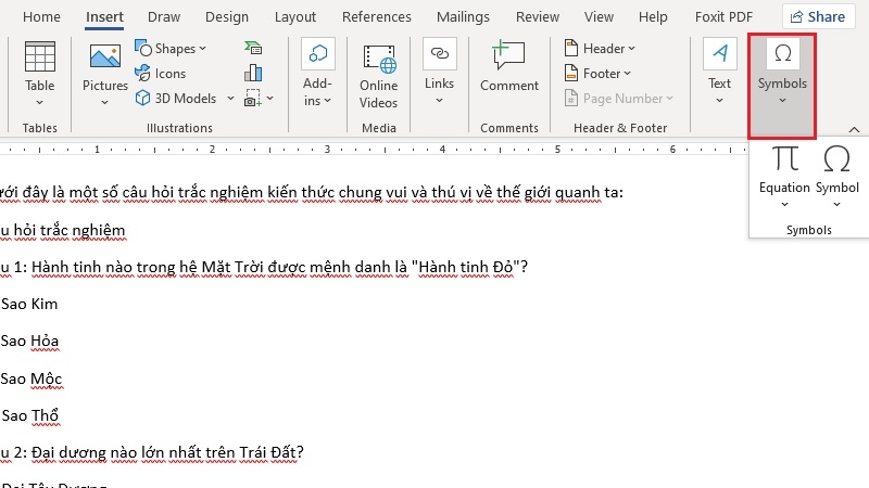 Nút Symbol trong thẻ Insert của Word