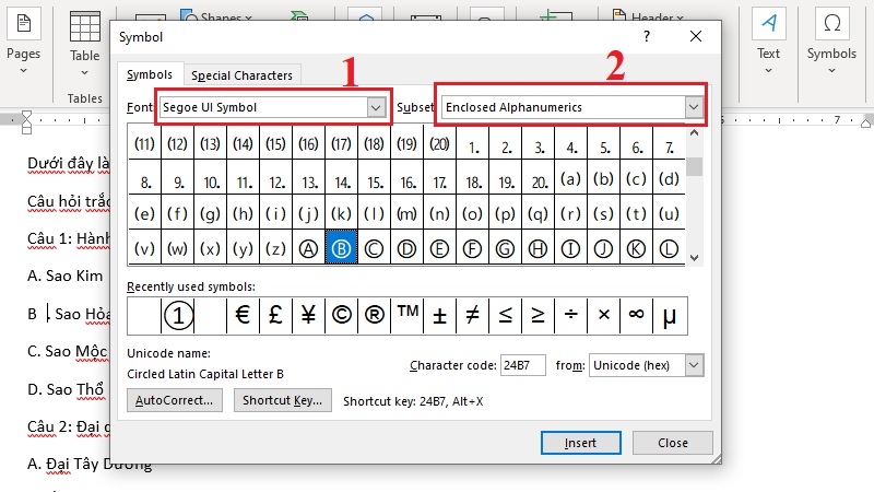 Hộp thoại Symbol chọn Subset Enclosed Alphanumerics