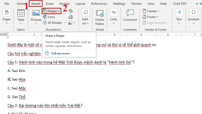 Nút Shapes trong thẻ Insert của Word