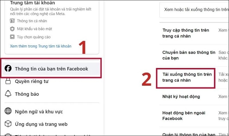 Chọn mục Tải xuống thông tin trên trang cá nhân