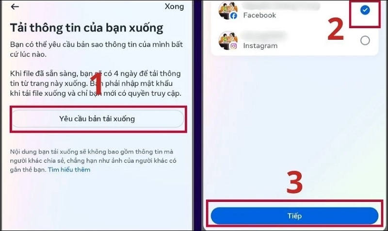 Đánh dấu tích vào tài khoản Facebook và nhấn nút Tiếp