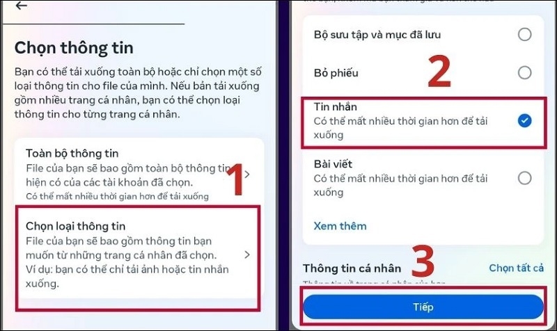 Chọn Tin nhắn và nhấn nút Tiếp