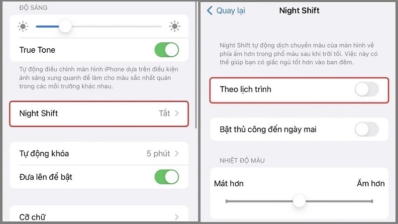Chọn vào mục Night Shift