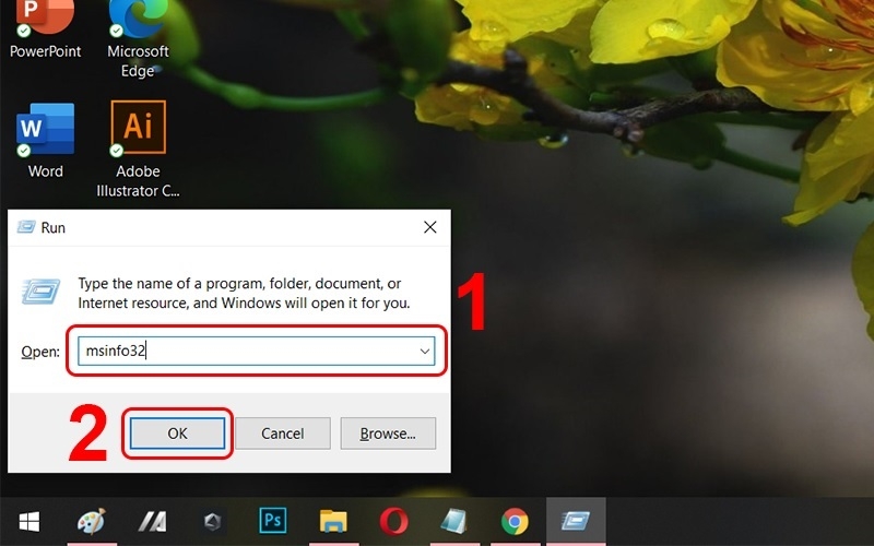 Nhập vào lệnh msinfor32 và nhấn nút Ok