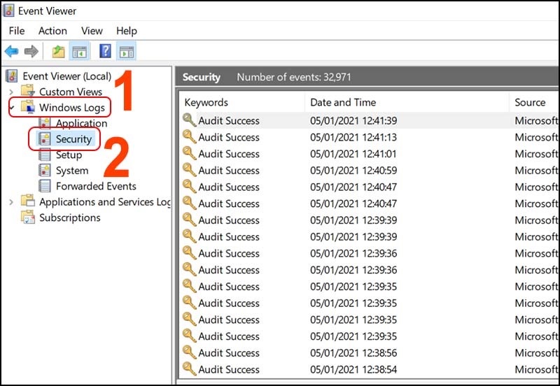 Chọn Windows Logs >> Security