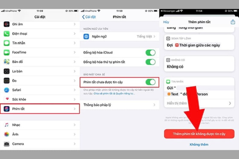 Chọn vào nút Thêm phím tắt không đáng tin cậy