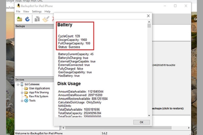 Kiểm tra pin thông qua các mục Design Capacity, CycleCount, Full Charge Capacity