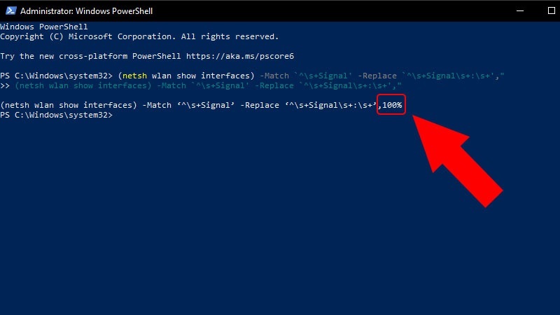 Cửa sổ PowerShell sẽ hiển thị kết quả về cường độ tín hiệu mạng của Router