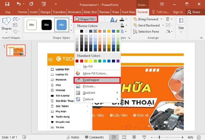 Chọn vào biểu tượng cây bút Eyedropper