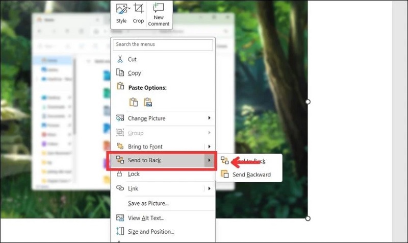 Click chuột phải lên mục Send to back