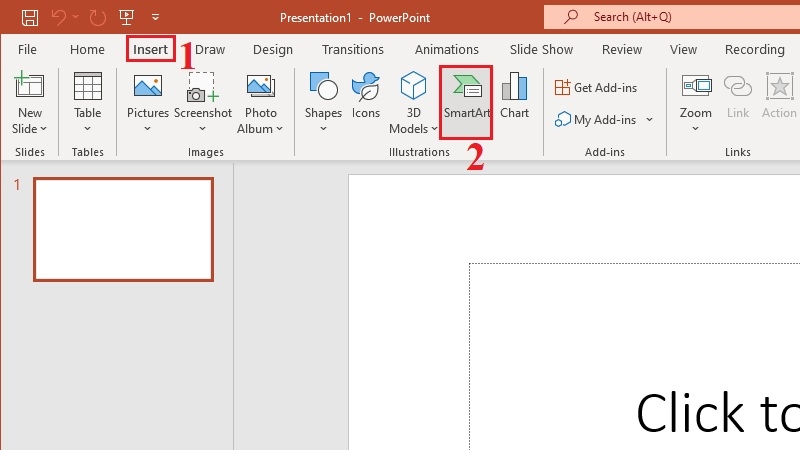 Chọn Insert rồi SmartArt để bắt đầu làm sơ đồ tư duy trên PowerPoint Chọn Insert rồi SmartArt để bắt đầu làm sơ đồ tư duy trên PowerPoint