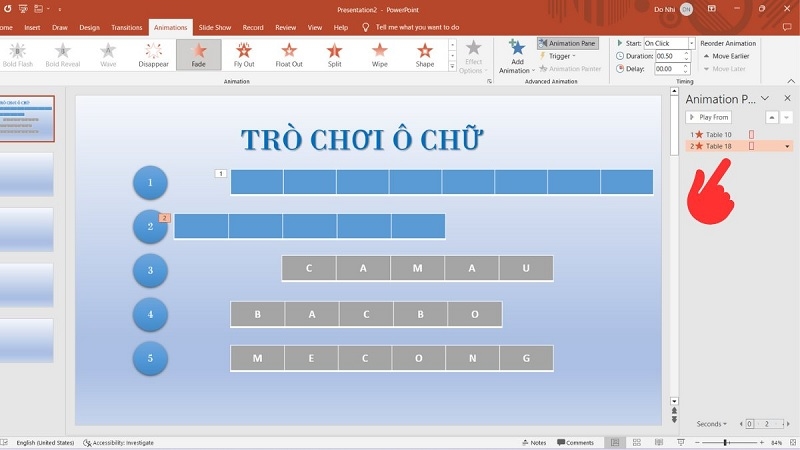 Thiết lập hiệu ứng Exit cho ô che đáp án bước 2 Thiết lập hiệu ứng Exit cho ô che đáp án bước 2