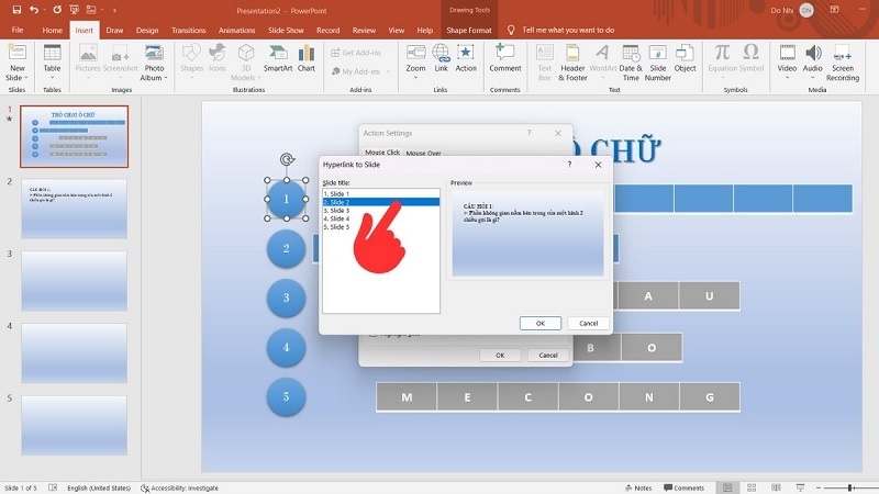 Hộp thoại Action Settings để liên kết slide bước 3 Hộp thoại Action Settings để liên kết slide bước 3