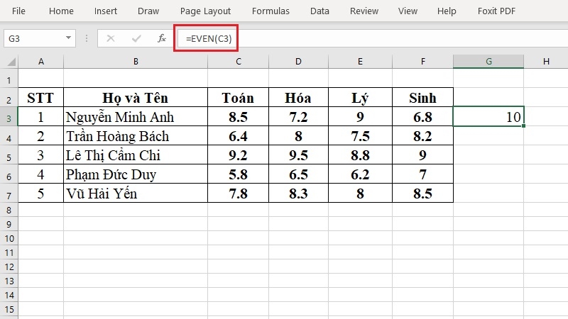 Gõ công thức =EVEN(C3) để làm tròn số trong Excel