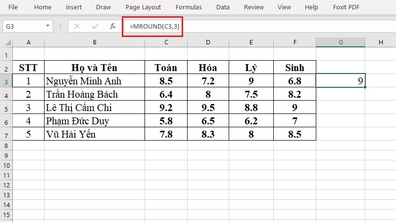 Gõ công thức =MROUND(C3,3) để làm tròn số trong Excel Gõ công thức =MROUND(C3,3) để làm tròn số trong Excel