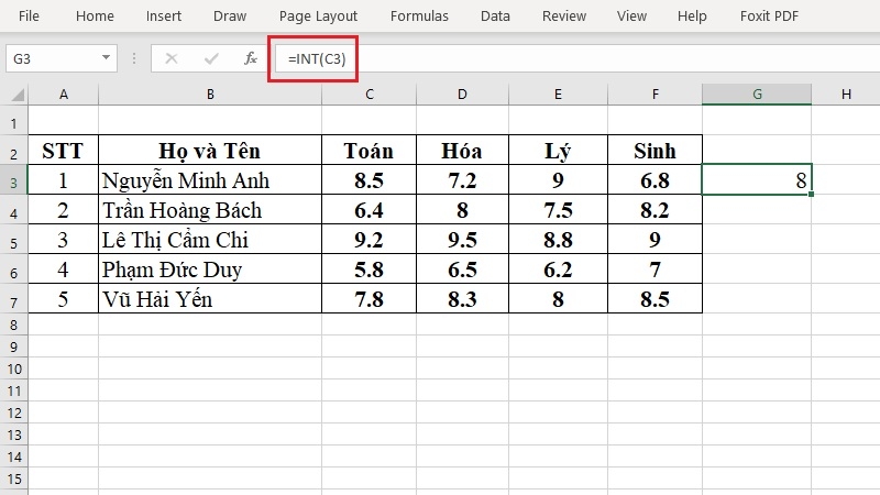 Gõ công thức =INT(C3) để làm tròn số trong Excel Gõ công thức =INT(C3) để làm tròn số trong Excel