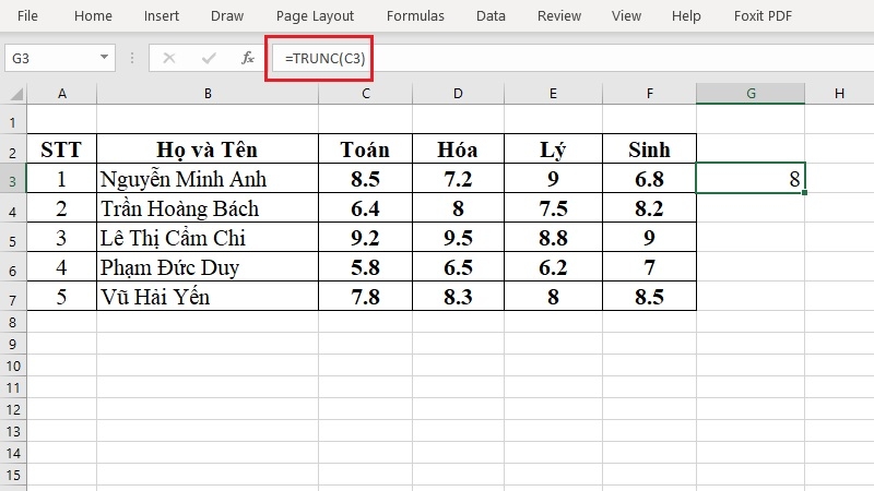 Gõ công thức =TRUNC(C3) để làm tròn số trong Excel Gõ công thức =TRUNC(C3) để làm tròn số trong Excel