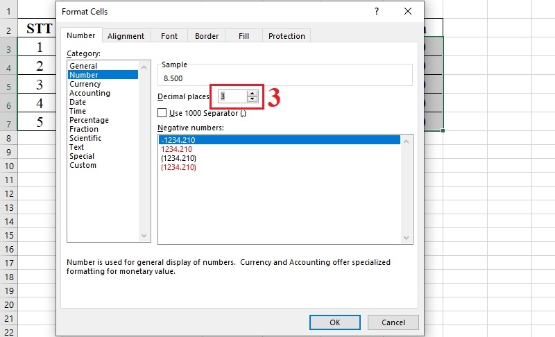 Hộp thoại Format Cells trong Excel, mục Decimal places để chọn số chữ số thập phân Hộp thoại Format Cells trong Excel, mục Decimal places để chọn số chữ số thập phân