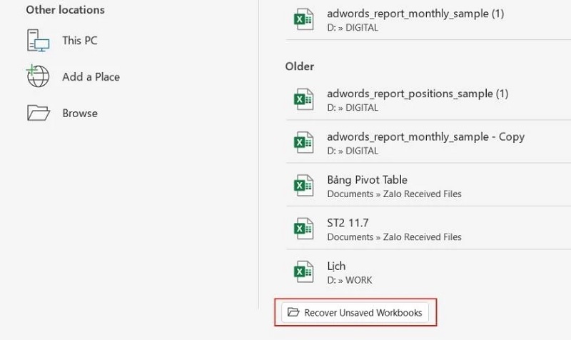Chọn vào nút Recover Unsaved Workbooks