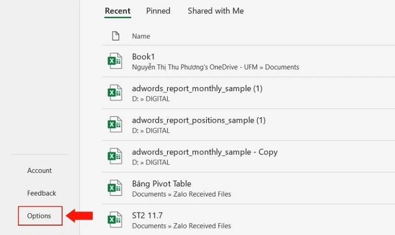 Chọn vào mục Options