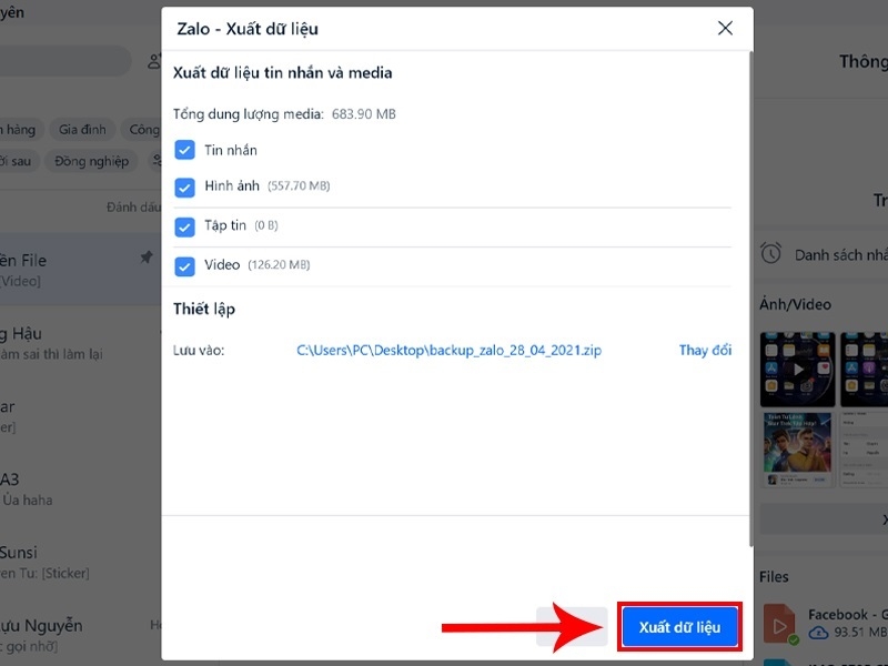 Nhấn vào tùy chọn Xuất dữ liệu