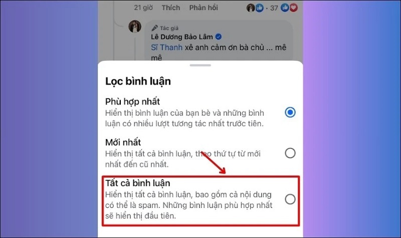 Chọn vào mục Tất cả bình luận