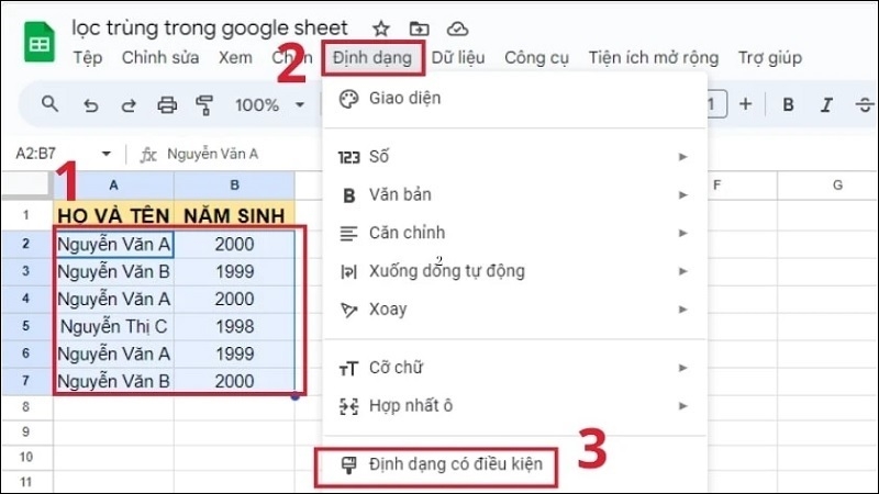 Chọn Định dạng có điều kiện