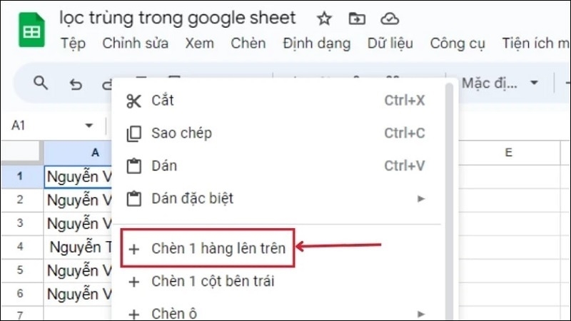 Hàng mới sẽ được chèn vào