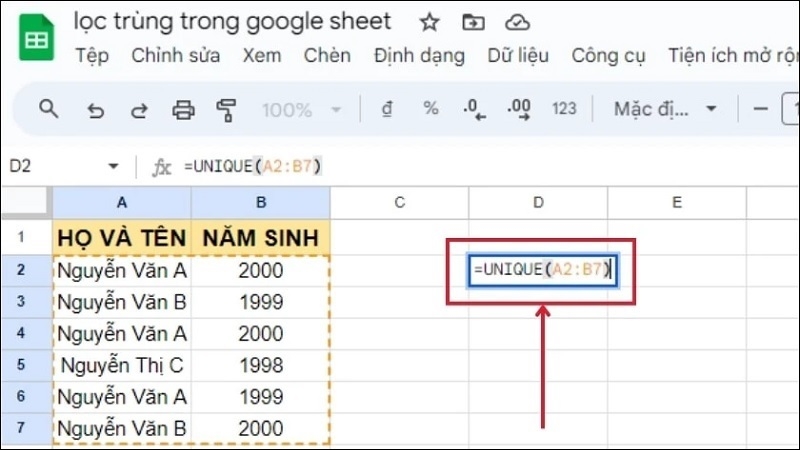 Áp dụng hàm UNIQUE