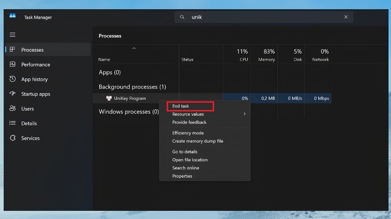 Bật Enable cho Unikey trong tab Startup