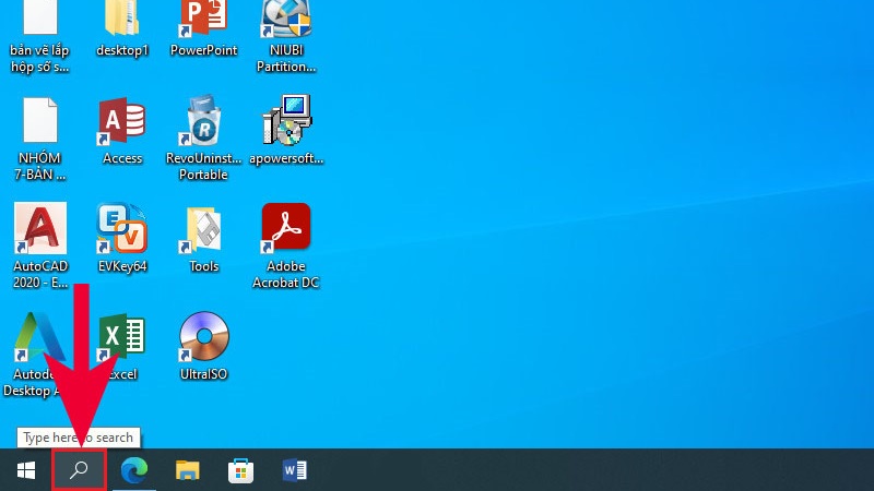 Bấm biểu tượng kính lúp trên thanh Taskbar để mở tìm kiếm Windows