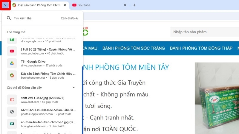 Vị trí biểu tượng mũi tên mở danh sách tab đã đóng trên thanh Chrome