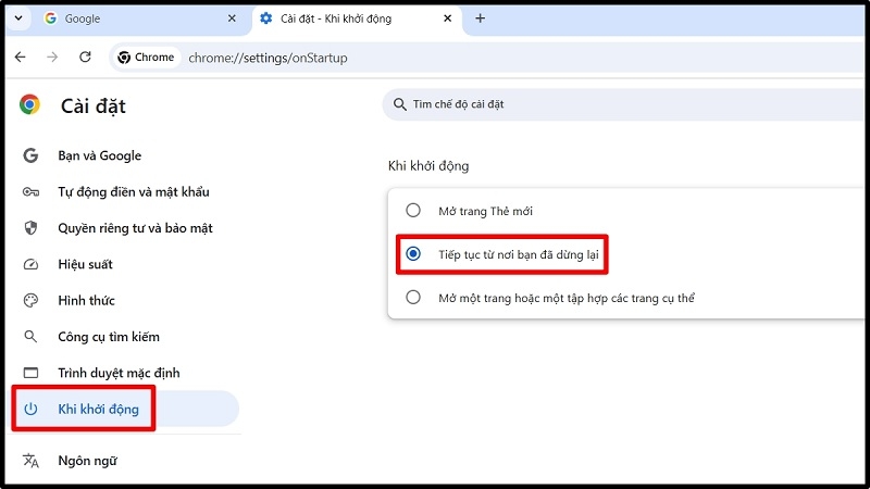 Bật tính năng tự khôi phục phiên làm việc bước 3