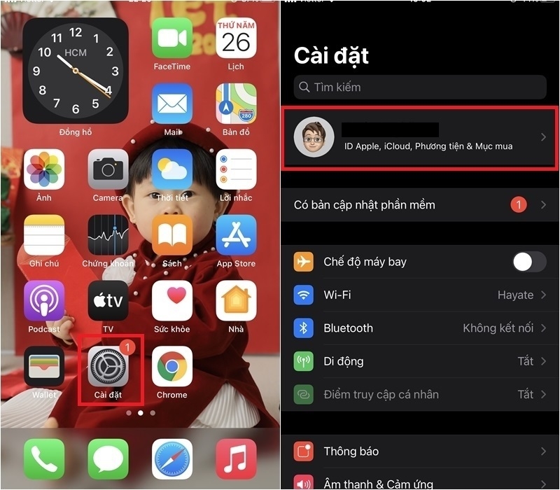 Chọn ID Apple, iCloud, Phương tiện & Mục mua