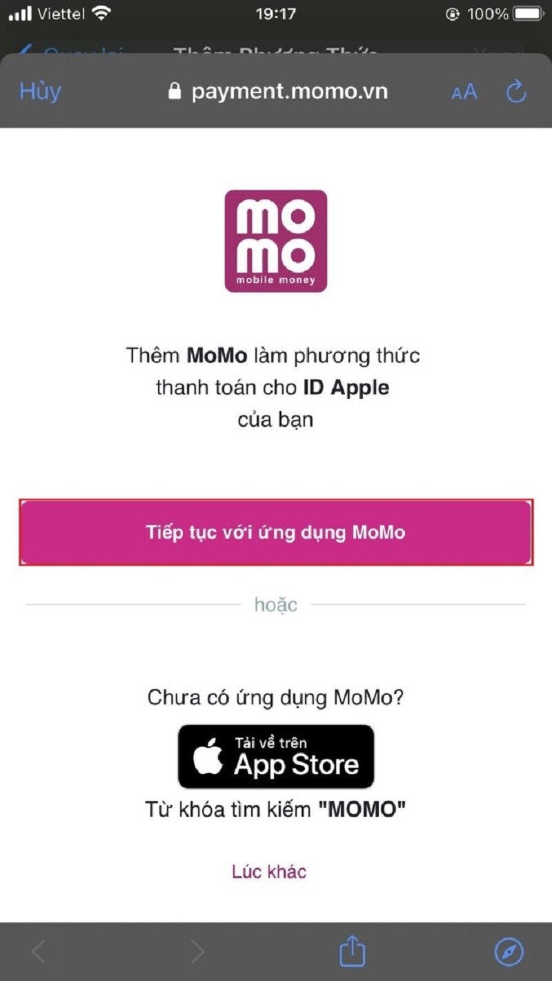 Nhấn vào nút Tiếp tục với ứng dụng MoMo