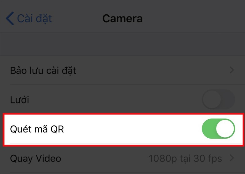 Gạt thanh trượt ở mục Quét mã QR sang phải