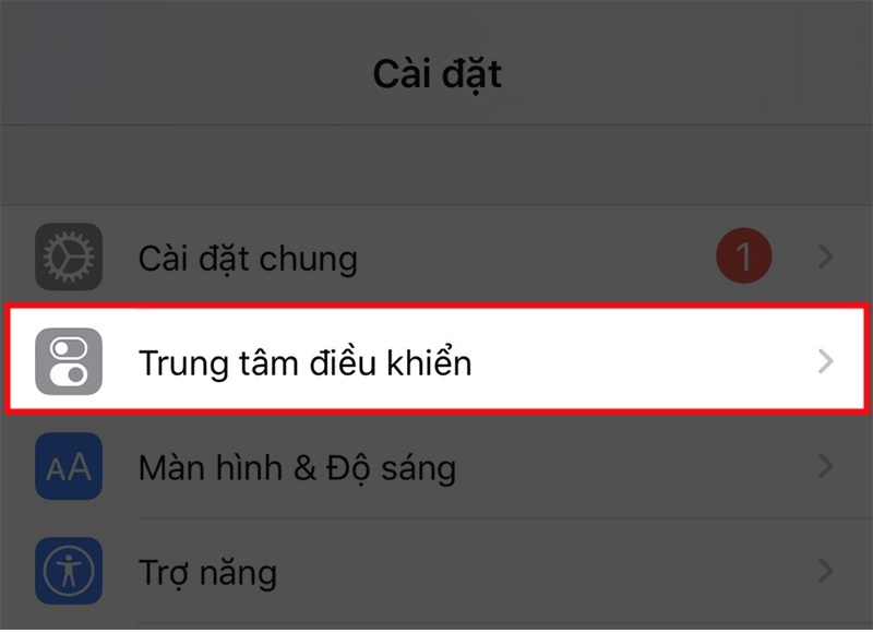 Chọn vào mục Trung tâm điều khiển