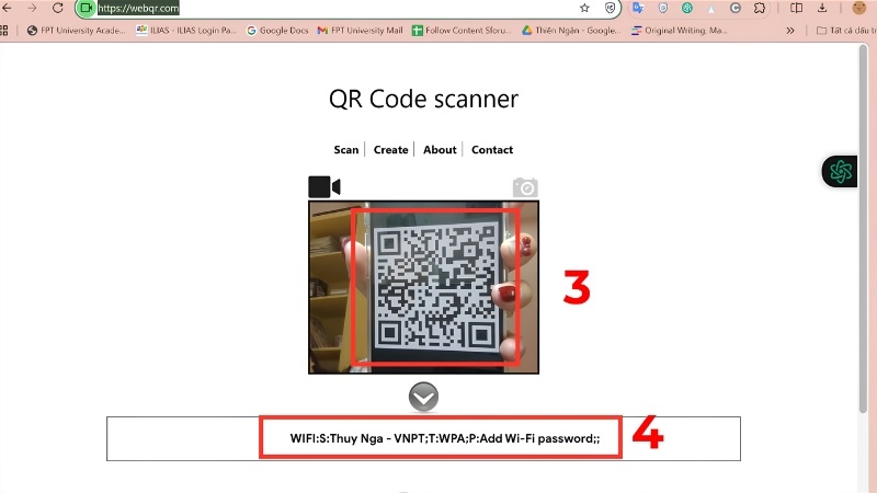 Kết quả quét mã QR WiFi trên trang WebQR.com bằng laptop