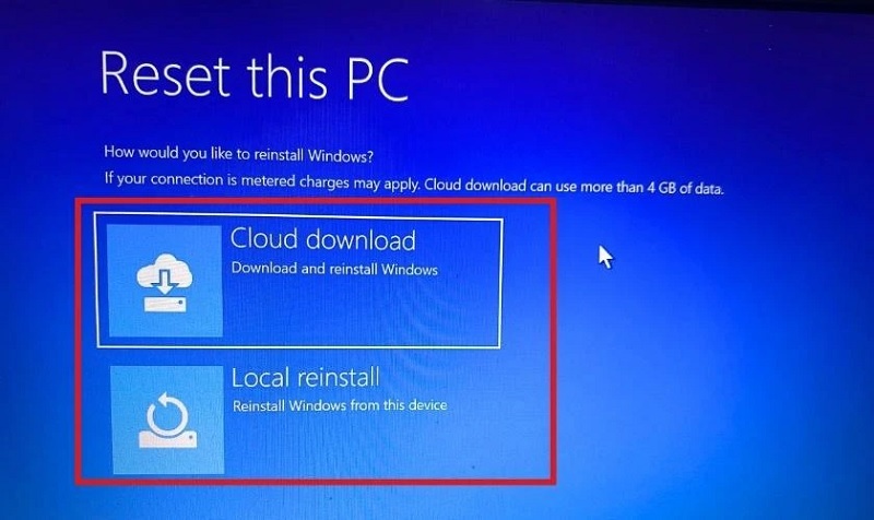 Chọn công cụ cài đặt bằng Cloud download hoặc Local reinstall