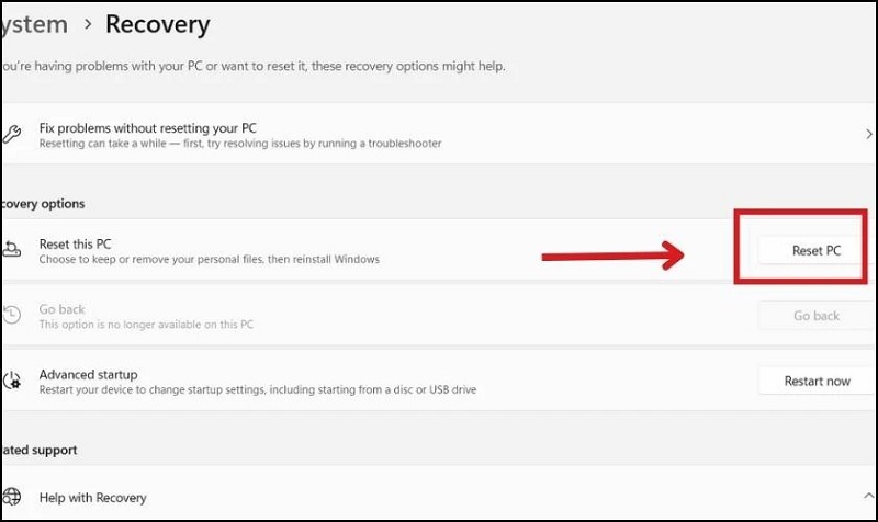 Nhấn vào nút Reset PC