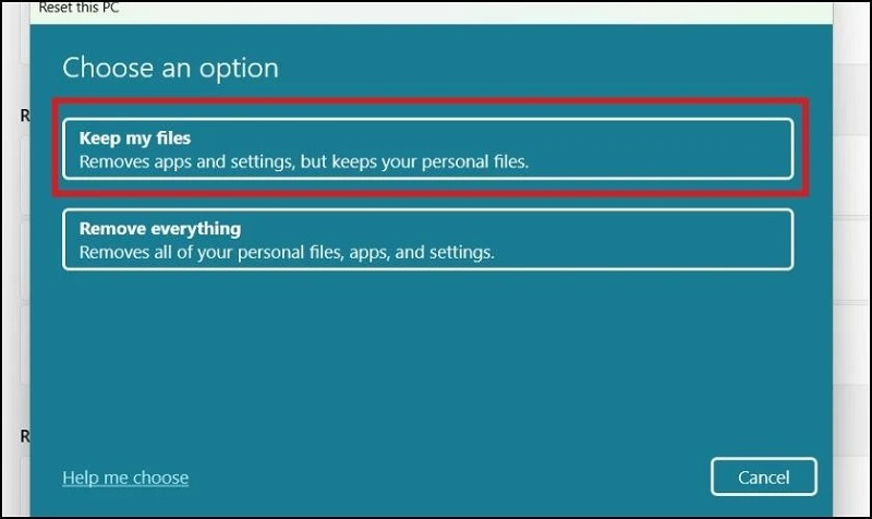 Nhấn vào tùy chọn Keep my files