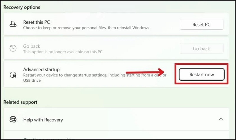 Nhấn vào nút Restart now