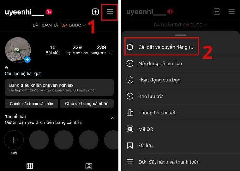 Chọn vào mục Cài đặt và quyền riêng tư