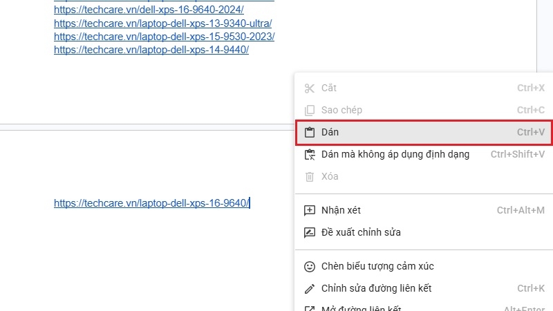 Menu chuột phải chọn paste trên Windows