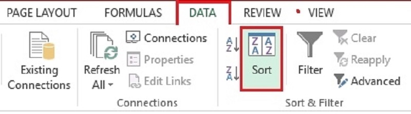 Chọn biểu tượng Sort A to Z