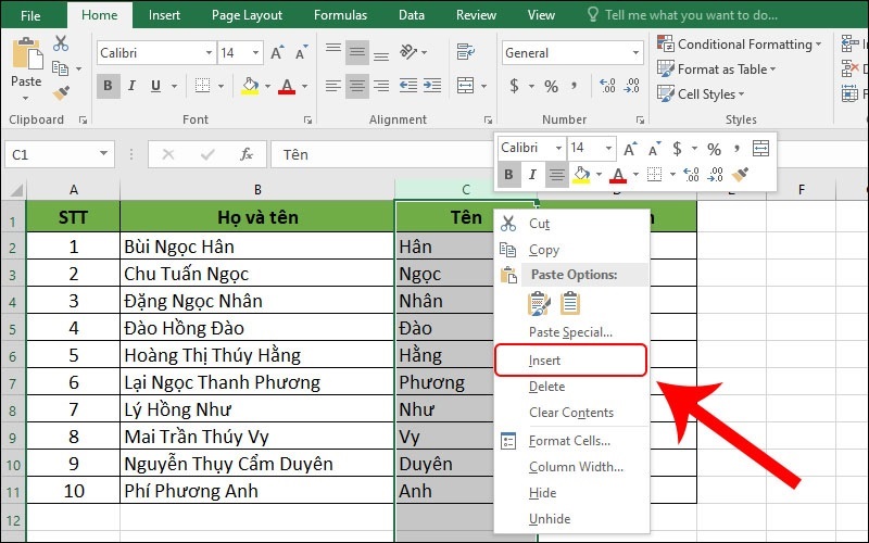 Nhấp chuột phải chọn Insert để tạo ra thêm một cột trống