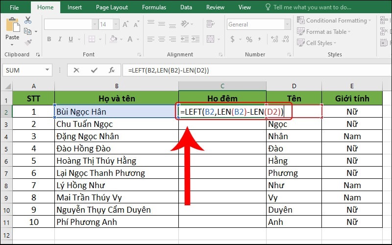 Tại ô C2 bạn hãy nhập công thức: =LEFT(B2,LEN(B2)-LEN(D2)