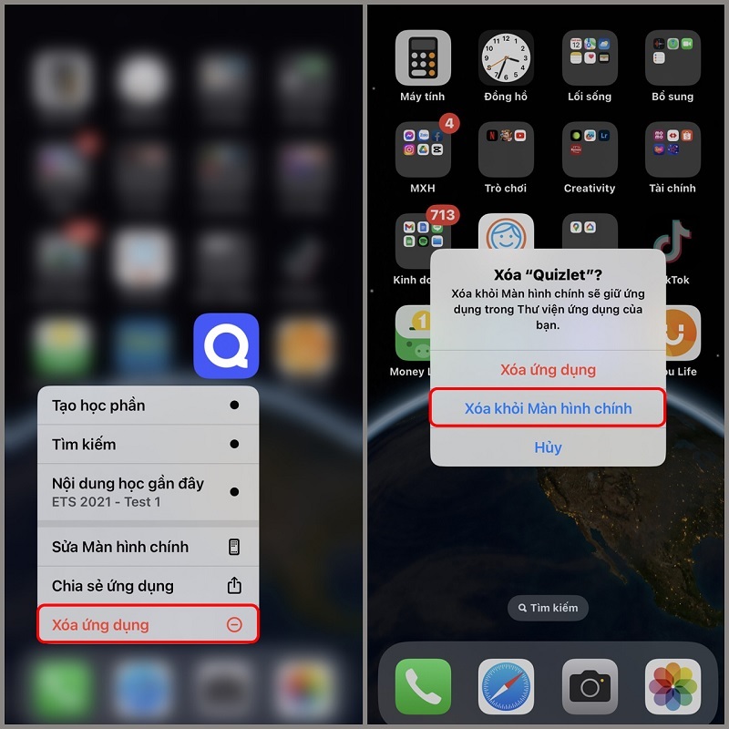 Chọn vào mục Xóa khỏi Màn hình chính