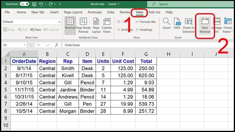 So sánh hai sheet trong cùng file Excel bằng New Window bước 1