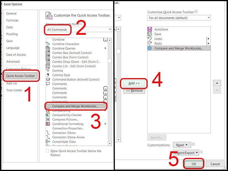 Thêm và sử dụng tính năng Compare and Merge Workbooks trong Excel bước 2